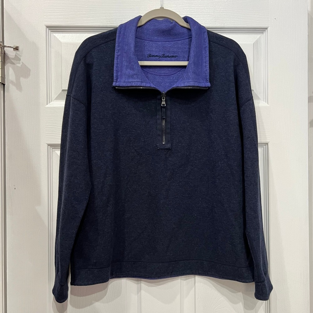 Tommy Bahama Quarter Zip Pullover Cotton Blend Knit Coastal Heathered Navy M